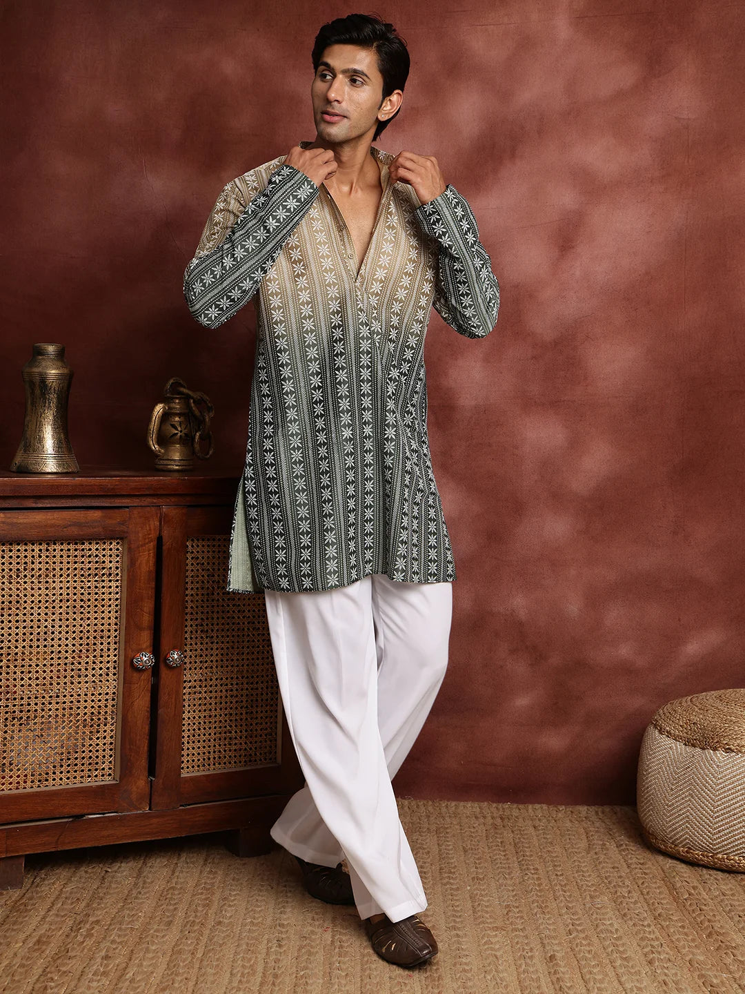 Beige Printed Chanderi Silk Straight Kurta for Men - Image 4