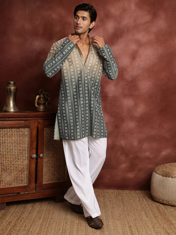 Beige Printed Chanderi Silk Straight Kurta for Men - Image 4