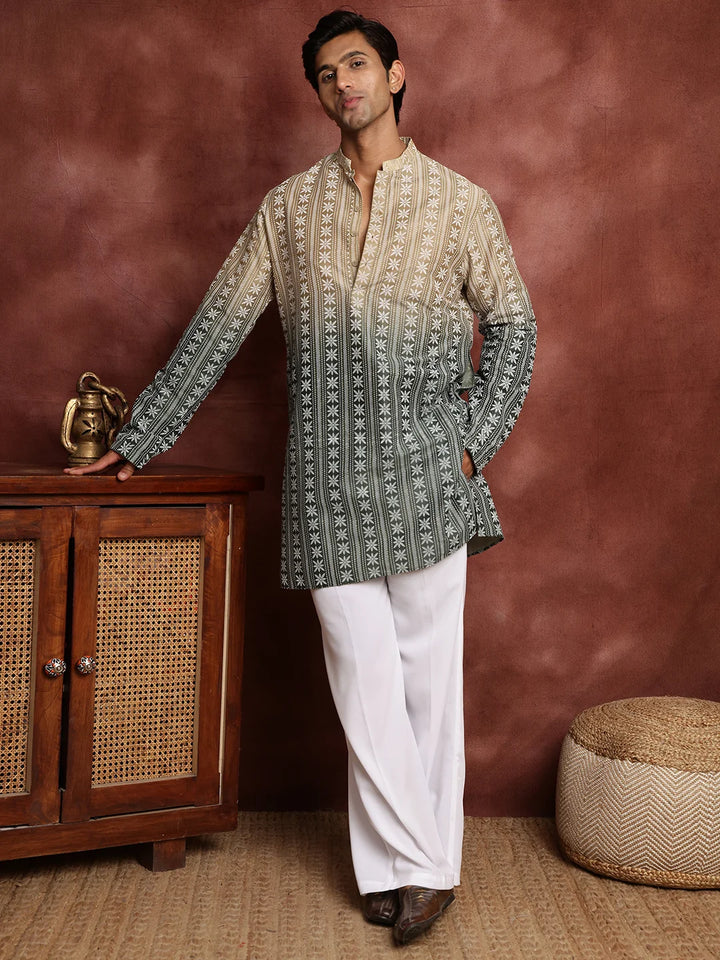 Beige Printed Chanderi Silk Straight Kurta for Men - Image 5