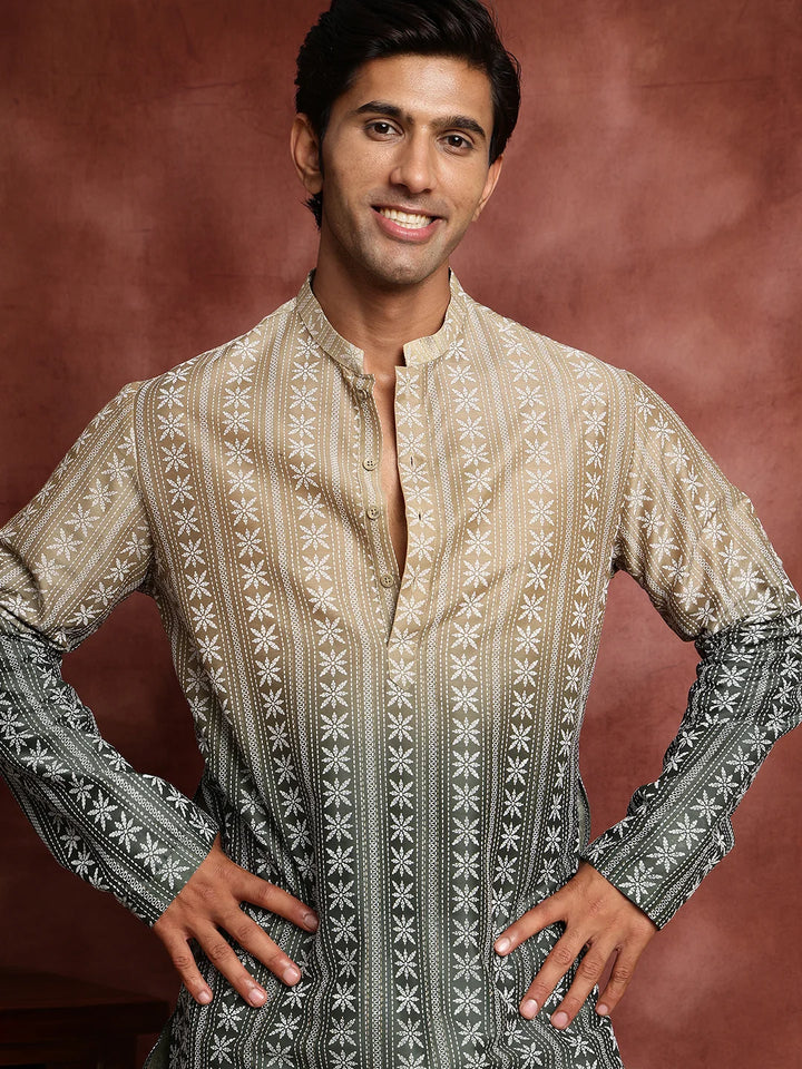 Beige Printed Chanderi Silk Straight Kurta for Men - Image 6