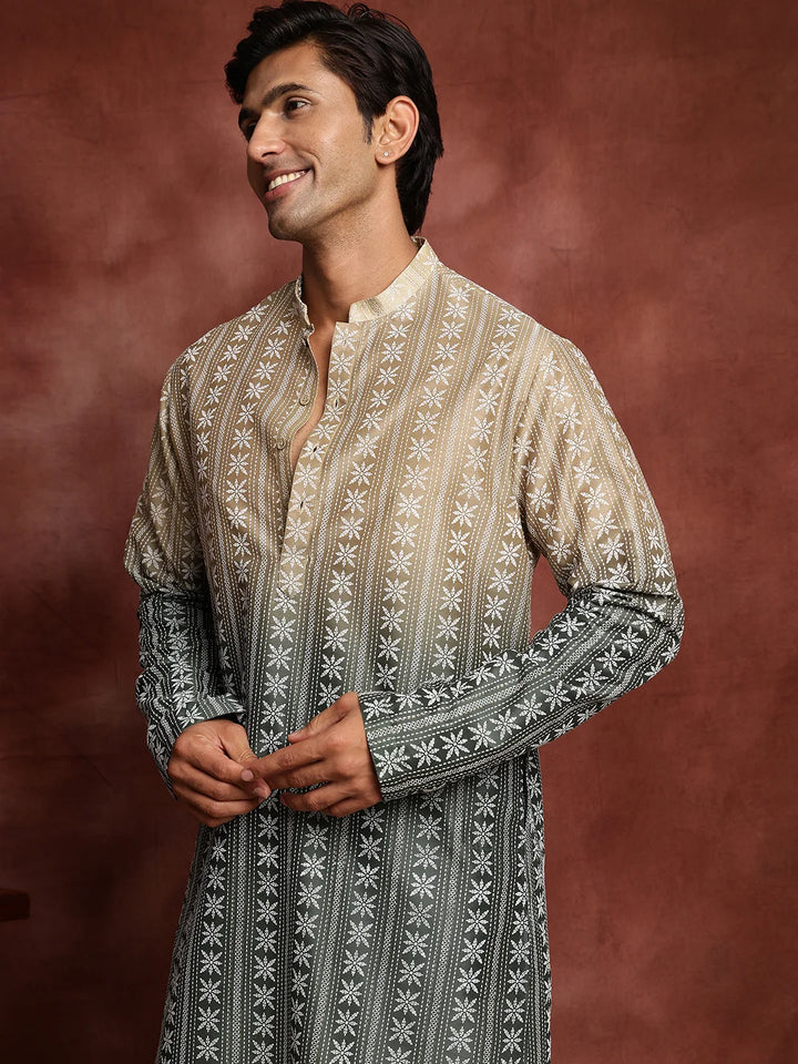 Beige Printed Chanderi Silk Straight Kurta for Men - Image 7