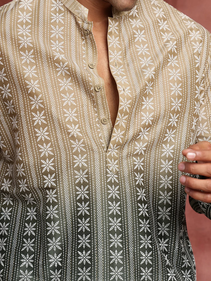 Beige Printed Chanderi Silk Straight Kurta for Men - Image 8