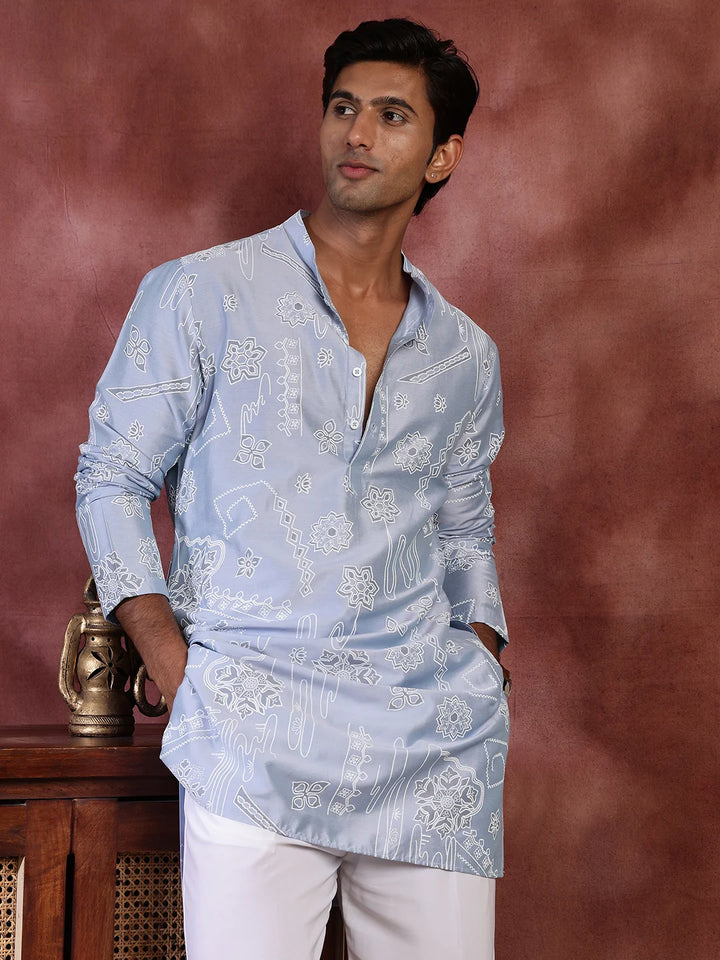 Turquoise Blue Printed Chanderi Silk Straight Kurta for Men - Image 1