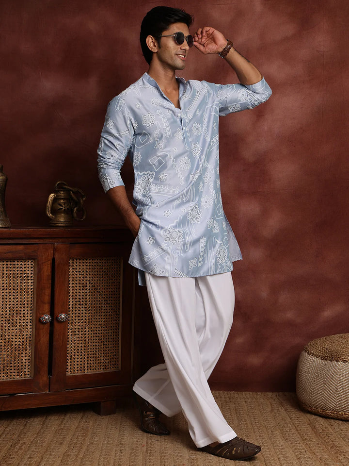 Turquoise Blue Printed Chanderi Silk Straight Kurta for Men - Image 10