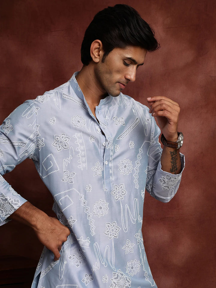 Turquoise Blue Printed Chanderi Silk Straight Kurta for Men - Image 11