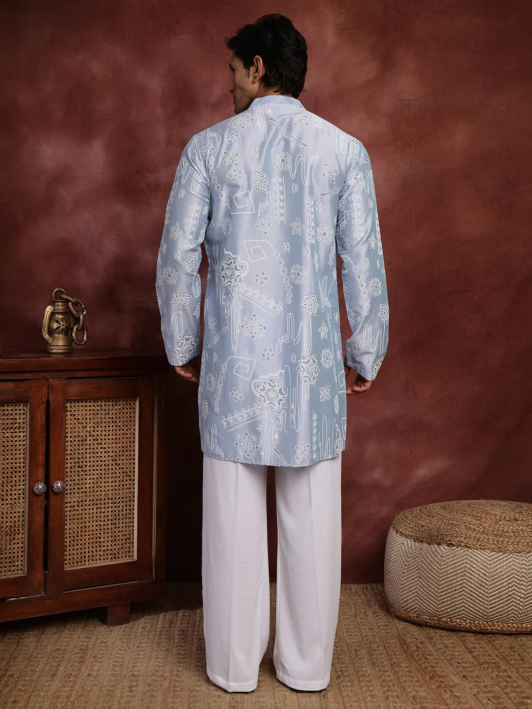 Turquoise Blue Printed Chanderi Silk Straight Kurta for Men - Image 2