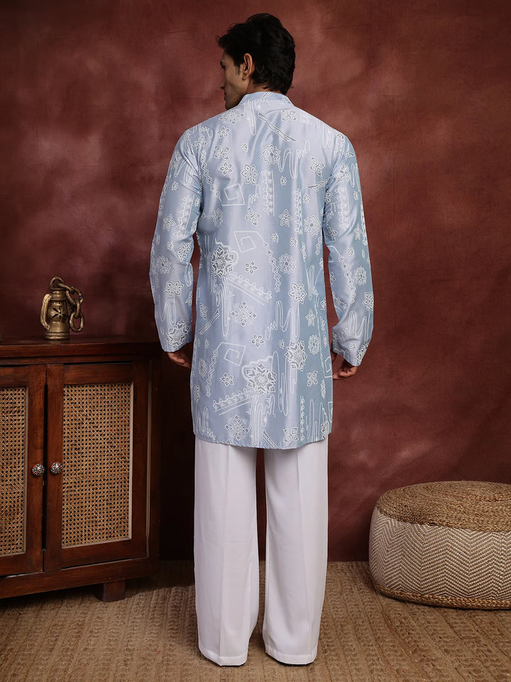 Turquoise Blue Printed Chanderi Silk Straight Kurta for Men - Image 2