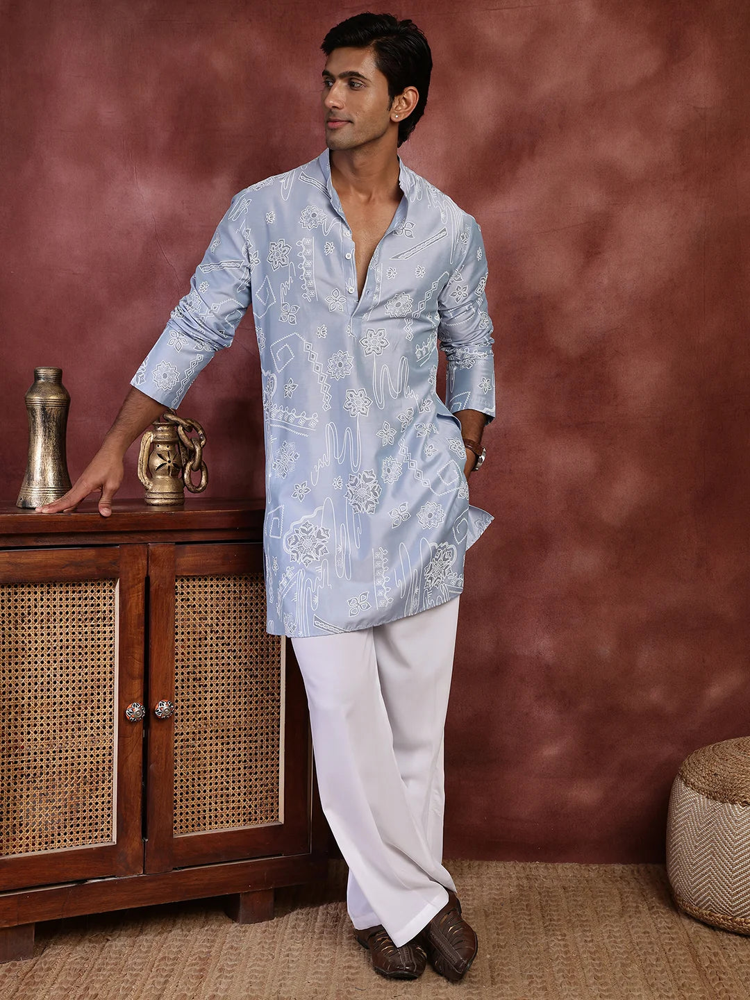 Turquoise Blue Printed Chanderi Silk Straight Kurta for Men - Image 4