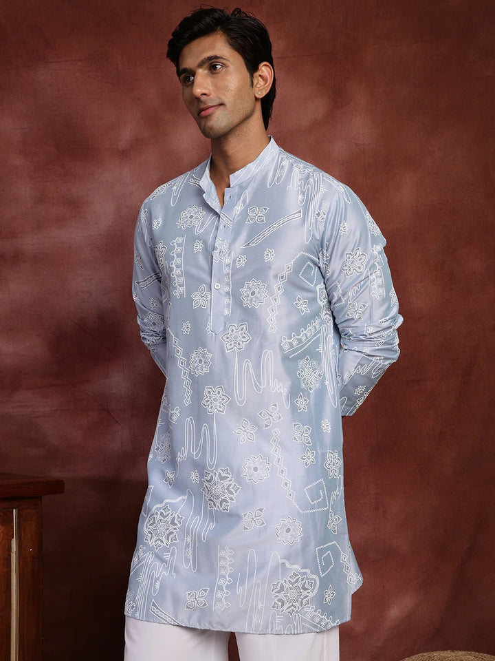 Turquoise Blue Printed Chanderi Silk Straight Kurta for Men - Image 6