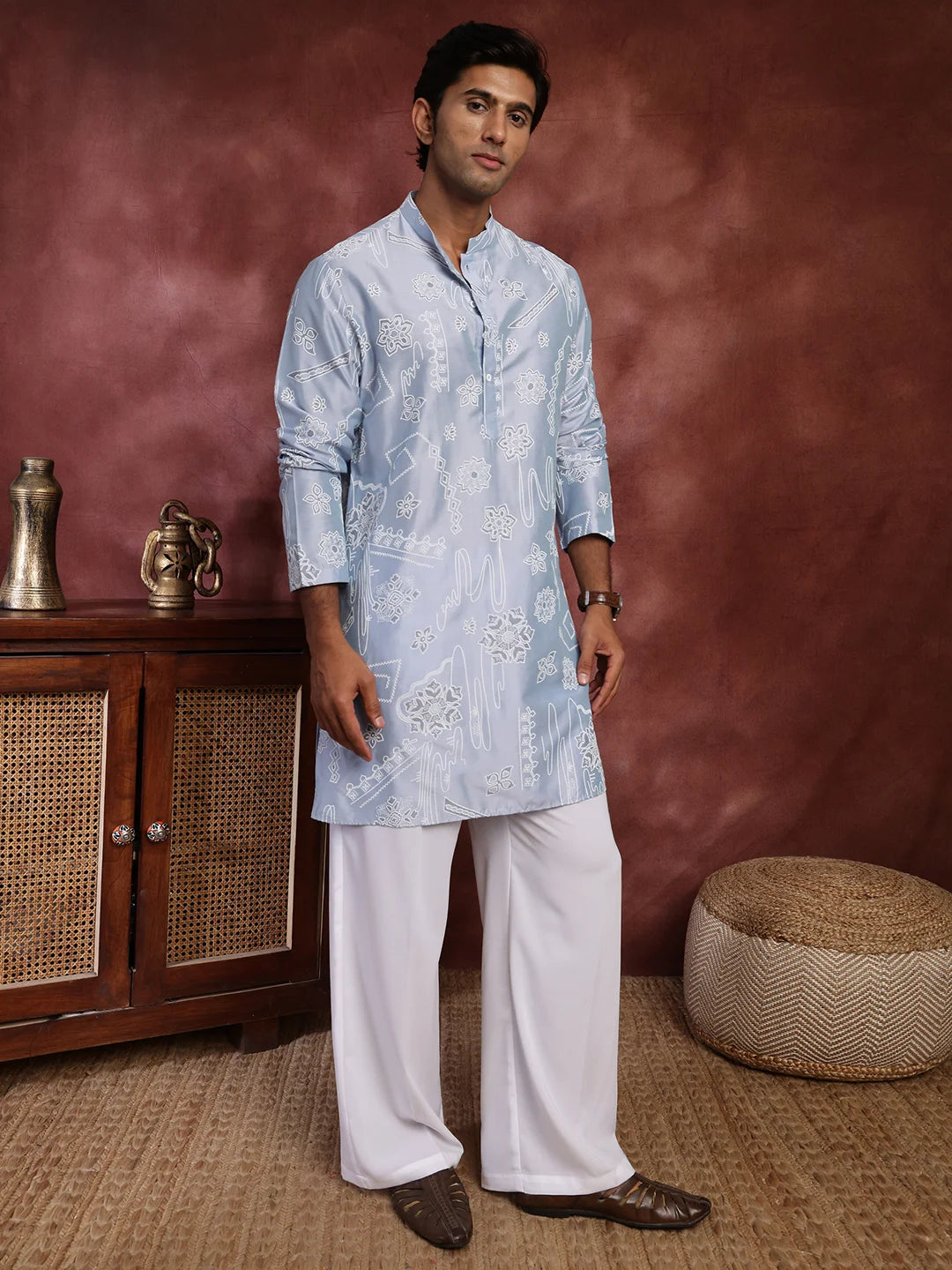 Turquoise Blue Printed Chanderi Silk Straight Kurta for Men - Image 7