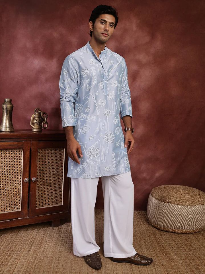 Turquoise Blue Printed Chanderi Silk Straight Kurta for Men - Image 7