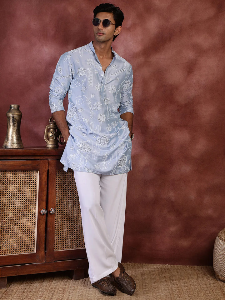Turquoise Blue Printed Chanderi Silk Straight Kurta for Men - Image 9