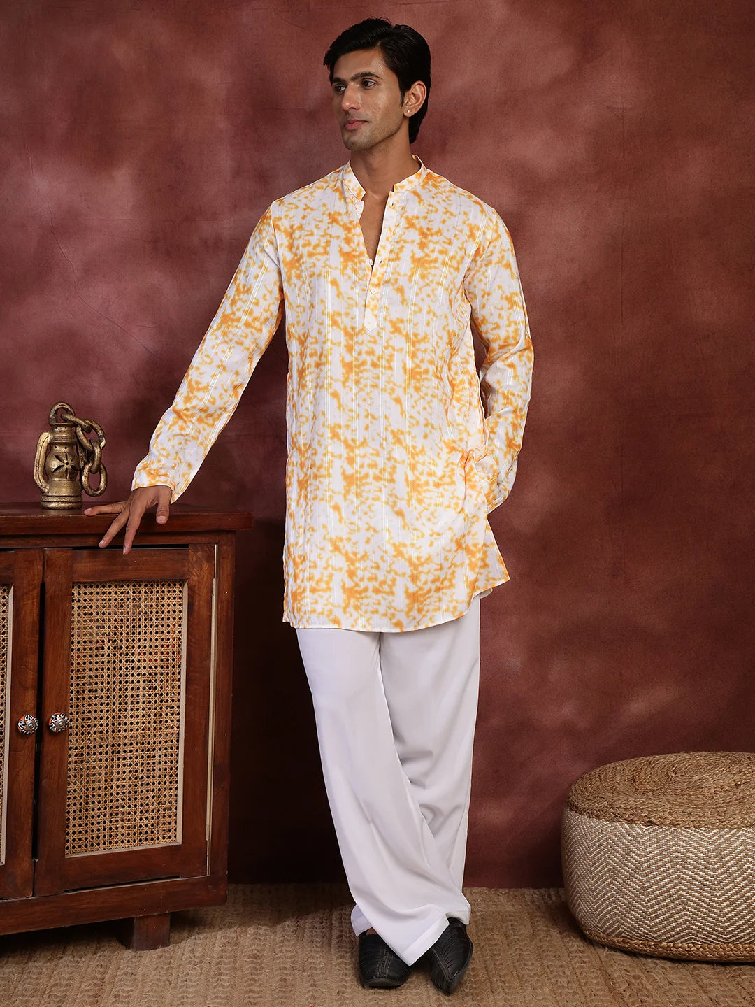 Orange Thread Work Striped Cotton Silk Straight Kurta for Men - Image 1
