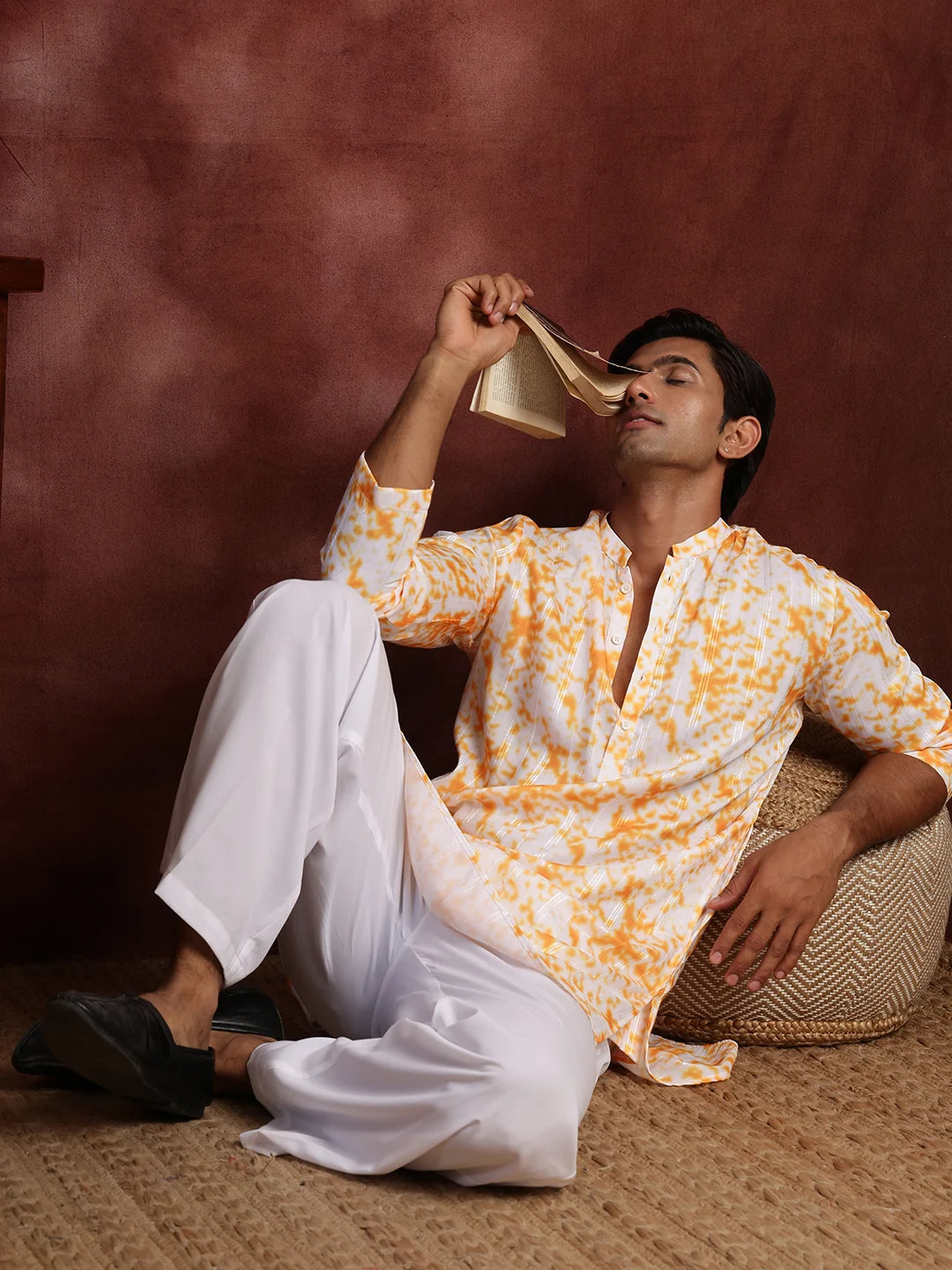Orange Thread Work Striped Cotton Silk Straight Kurta for Men - Image 10