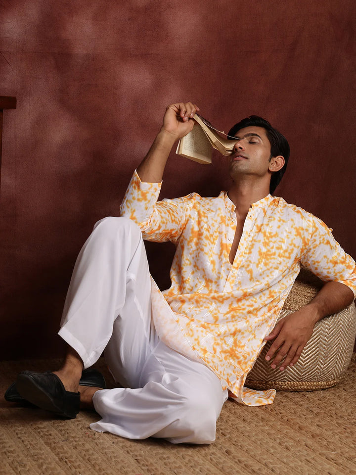 Orange Thread Work Striped Cotton Silk Straight Kurta for Men - Image 10