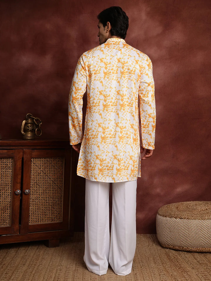 Orange Thread Work Striped Cotton Silk Straight Kurta for Men - Image 11