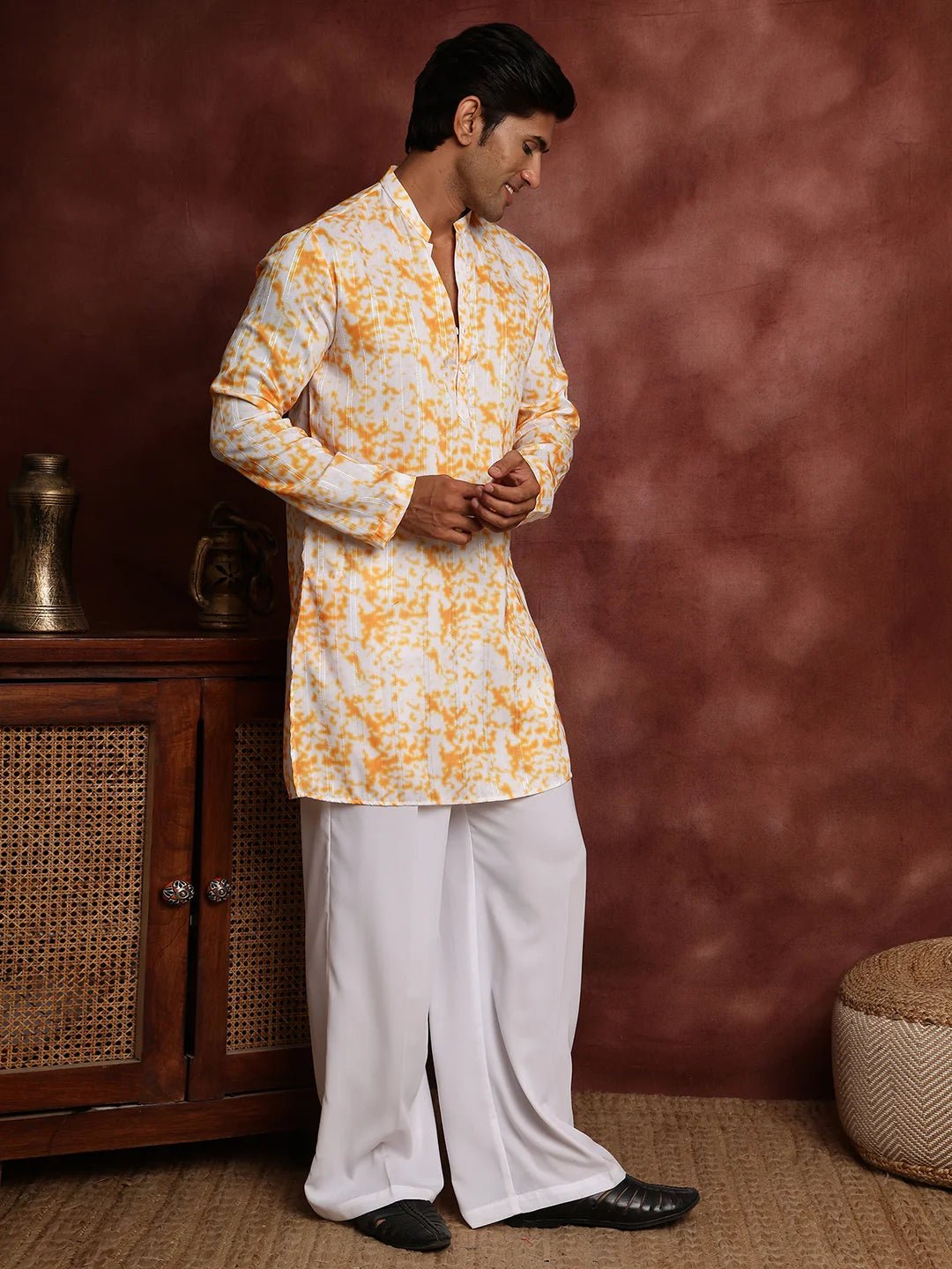 Orange Thread Work Striped Cotton Silk Straight Kurta for Men - Image 2