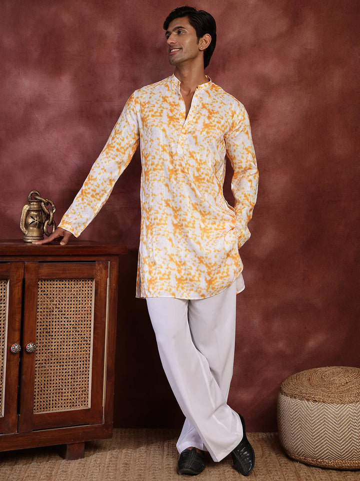 Orange Thread Work Striped Cotton Silk Straight Kurta for Men - Image 3