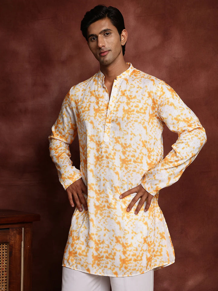 Orange Thread Work Striped Cotton Silk Straight Kurta for Men - Image 4