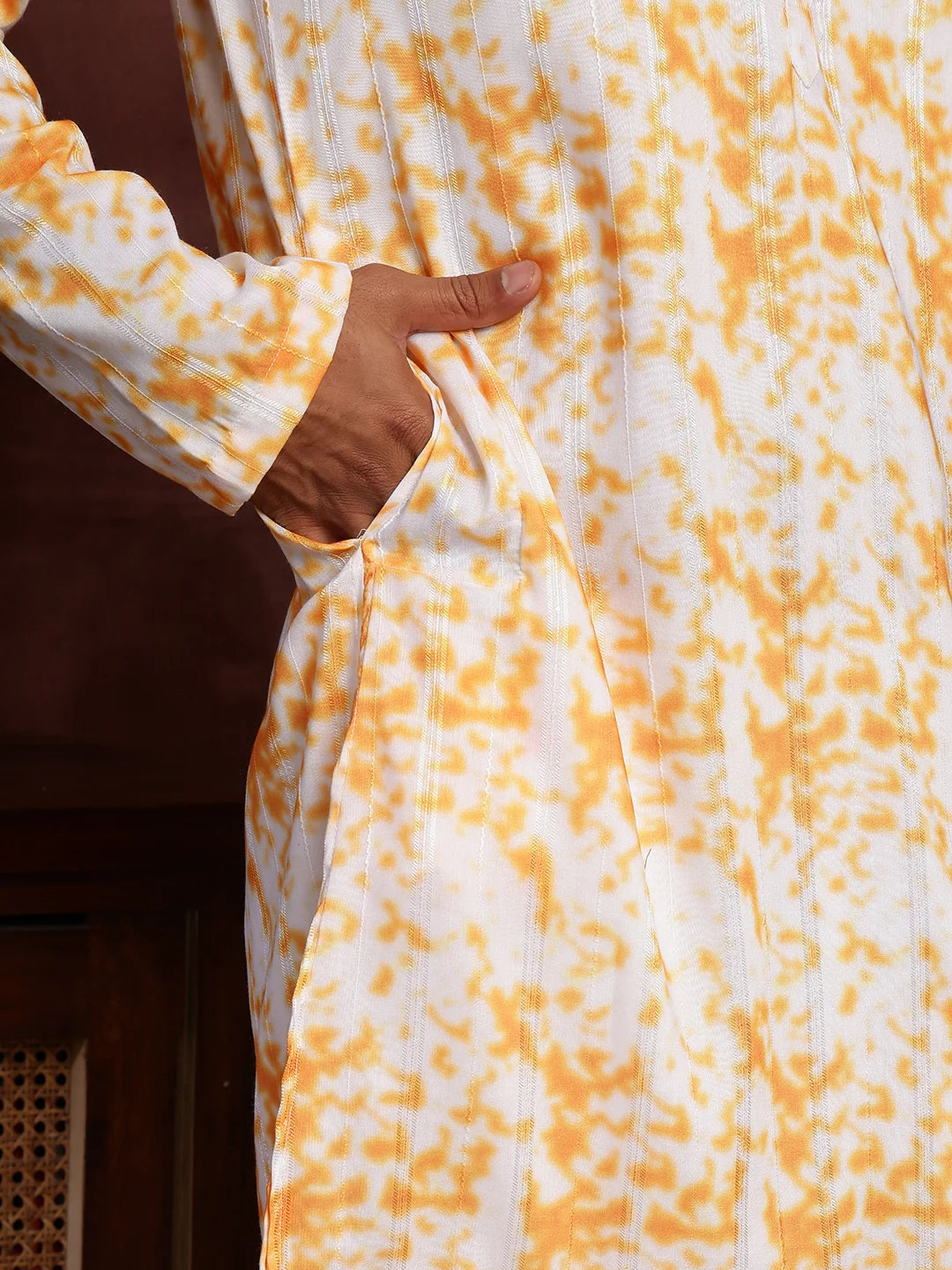 Orange Thread Work Striped Cotton Silk Straight Kurta for Men - Image 5