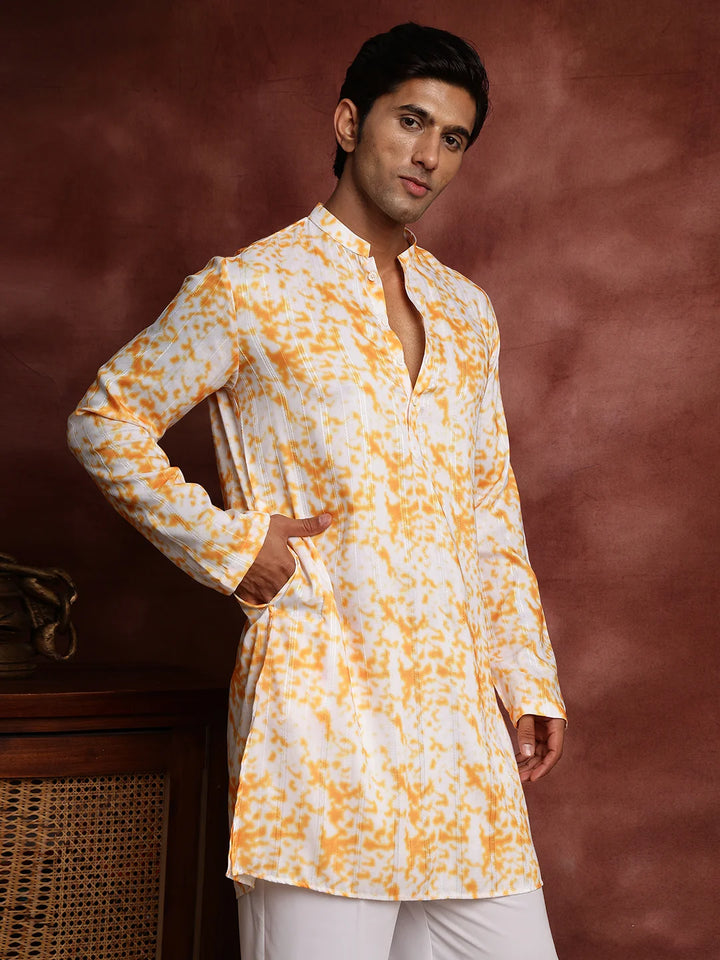Orange Thread Work Striped Cotton Silk Straight Kurta for Men - Image 6