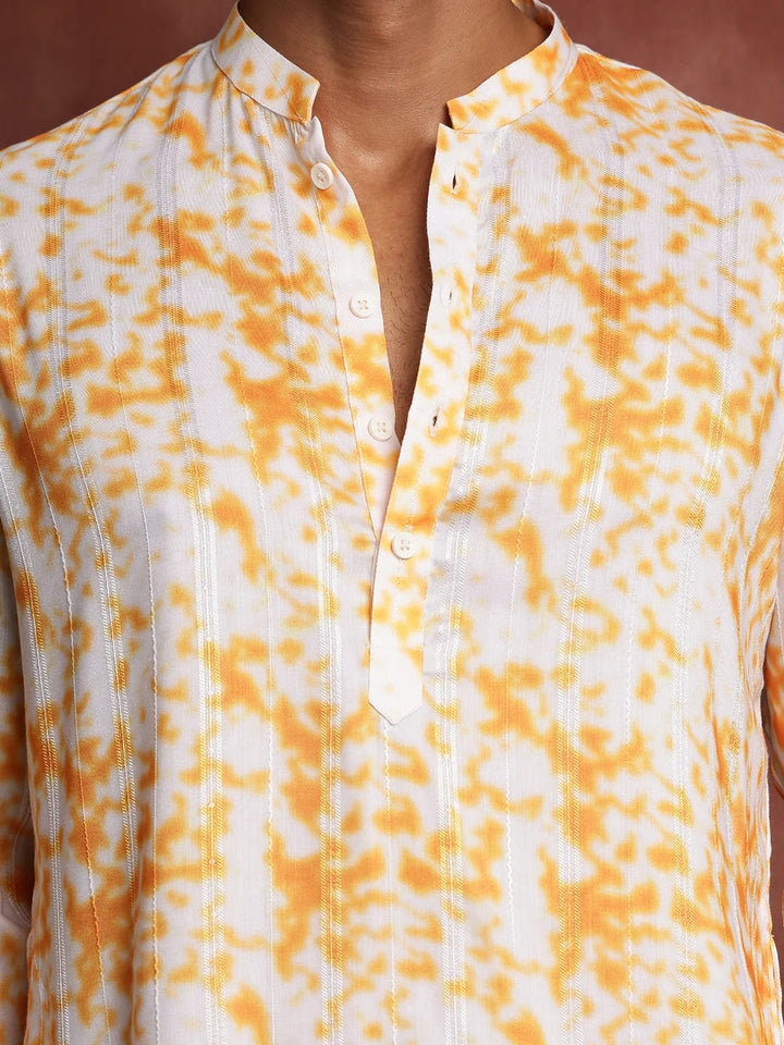 Orange Thread Work Striped Cotton Silk Straight Kurta for Men - Image 7