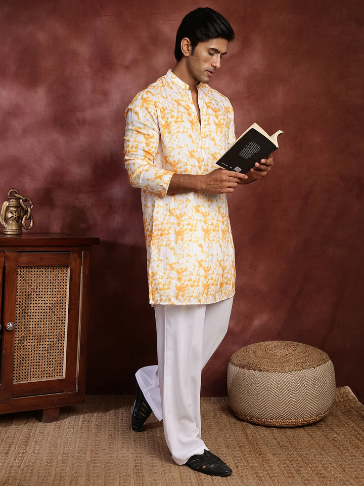 Orange Thread Work Striped Cotton Silk Straight Kurta for Men - Image 8