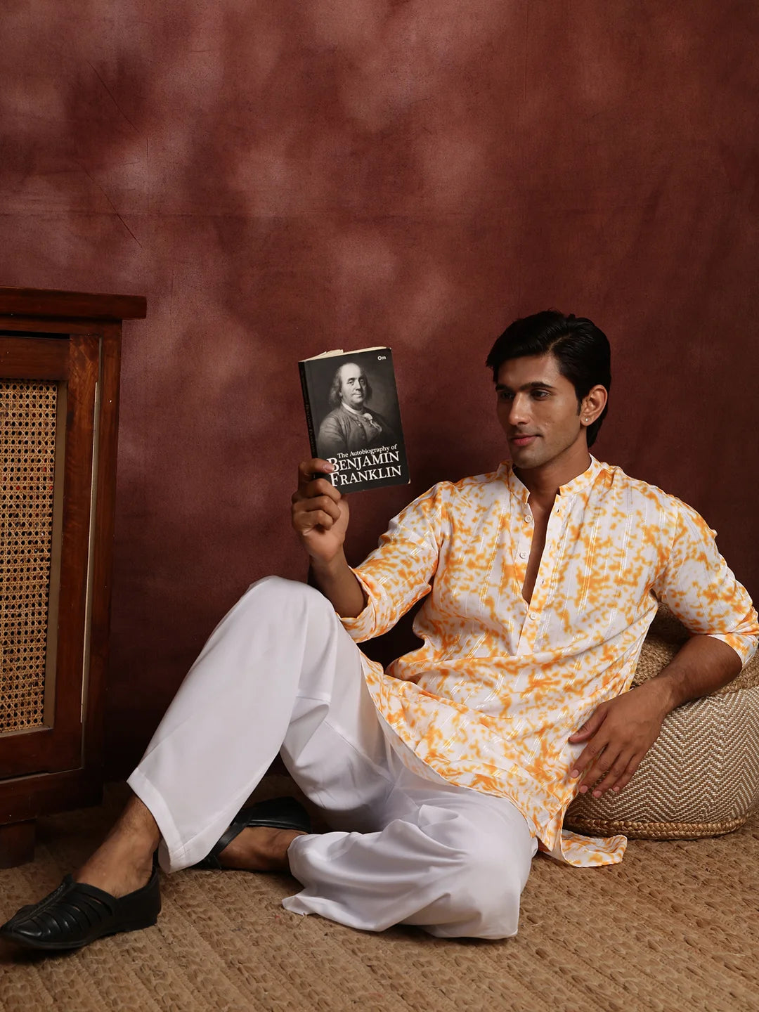 Orange Thread Work Striped Cotton Silk Straight Kurta for Men - Image 9