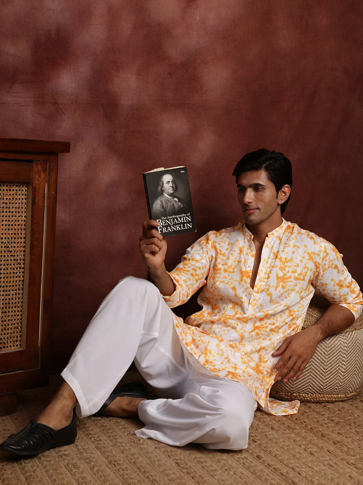 Orange Thread Work Striped Cotton Silk Straight Kurta for Men - Image 9