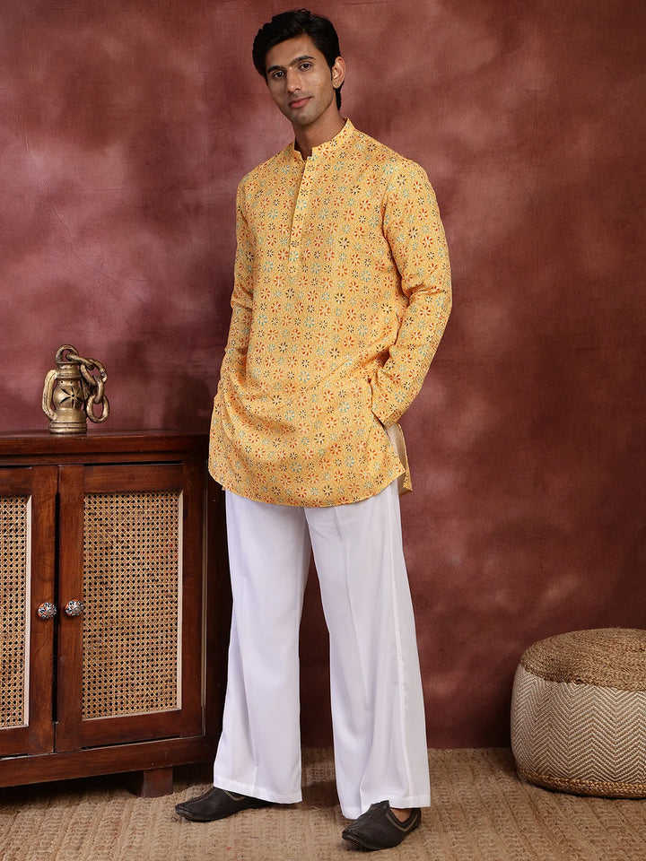 Mustard Sequins Striped Chanderi Silk Straight Kurta for Men - Image 1