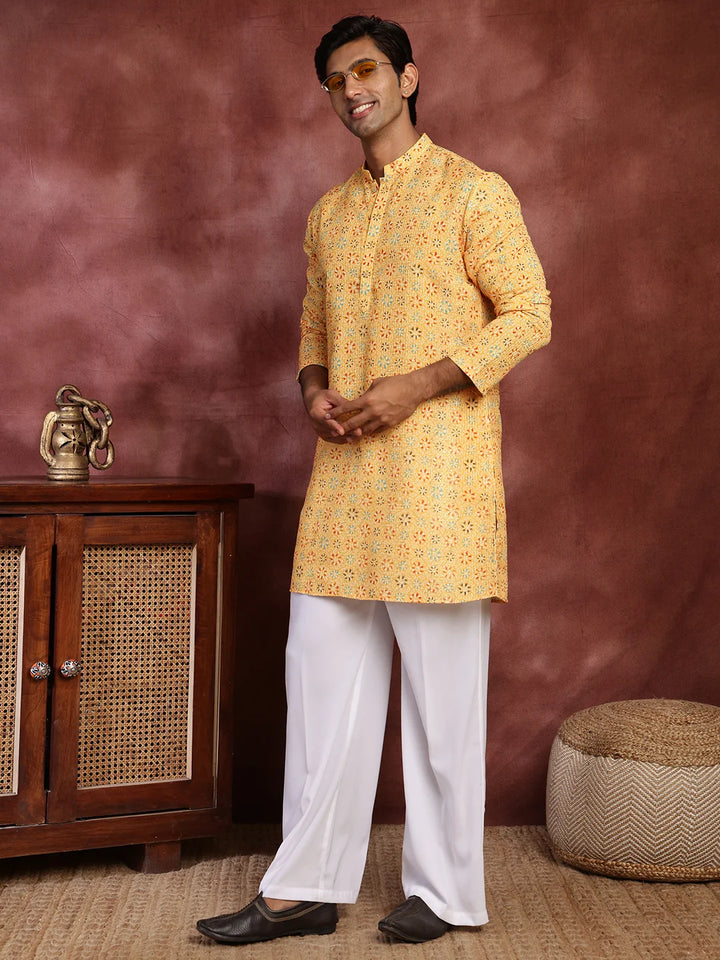 Mustard Sequins Striped Chanderi Silk Straight Kurta for Men - Image 10