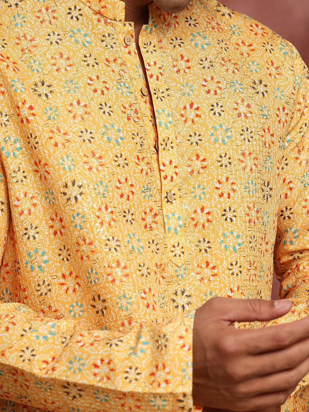 Mustard Sequins Striped Chanderi Silk Straight Kurta for Men - Image 11