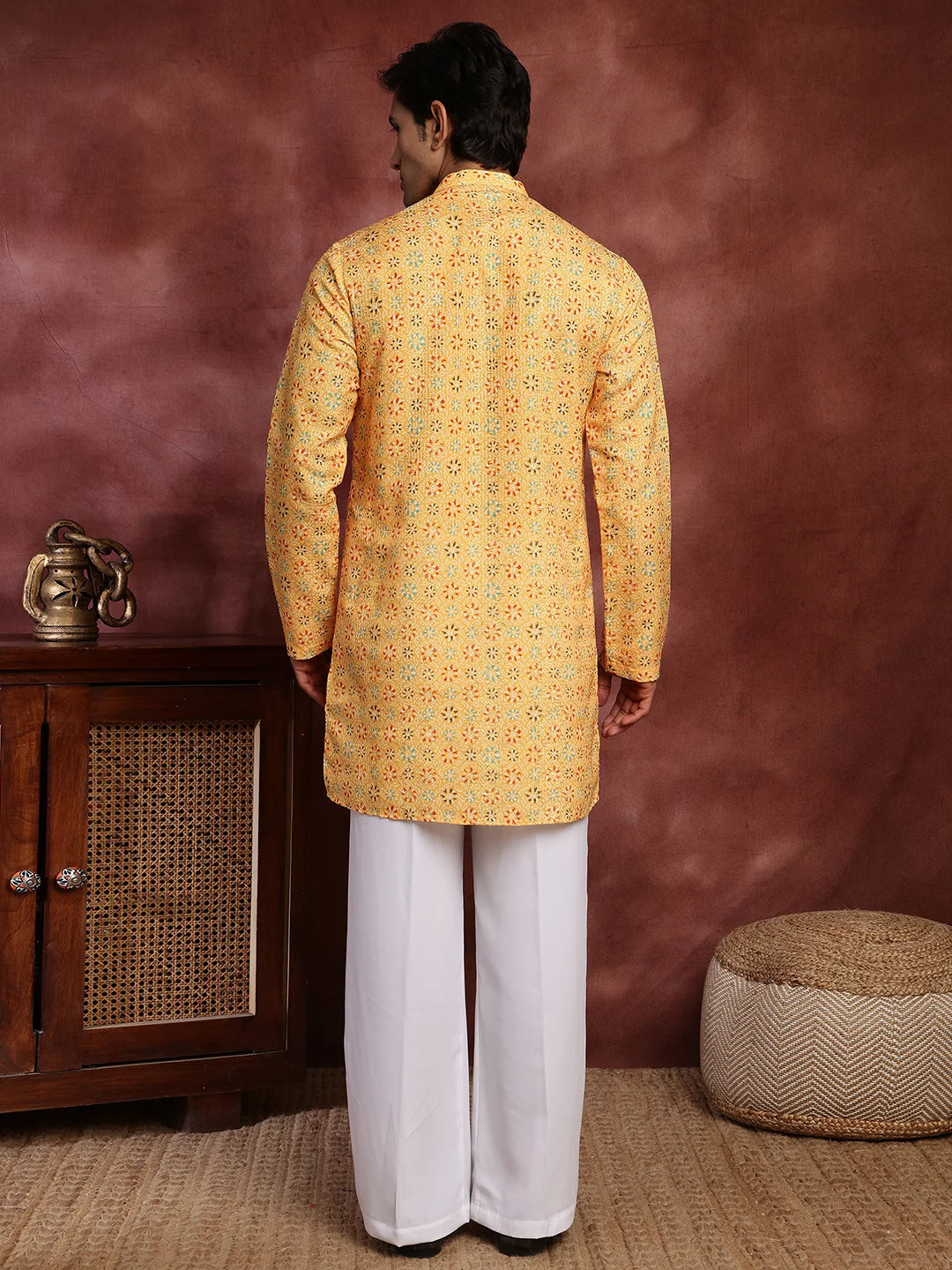 Mustard Sequins Striped Chanderi Silk Straight Kurta for Men - Image 2