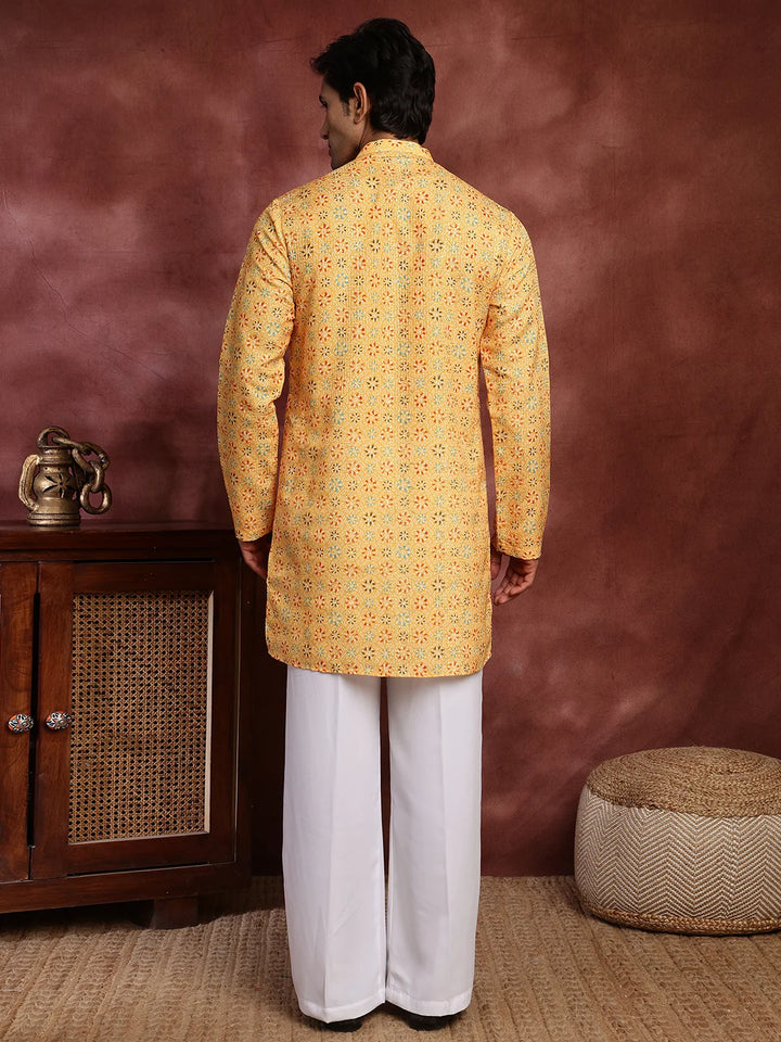 Mustard Sequins Striped Chanderi Silk Straight Kurta for Men - Image 2