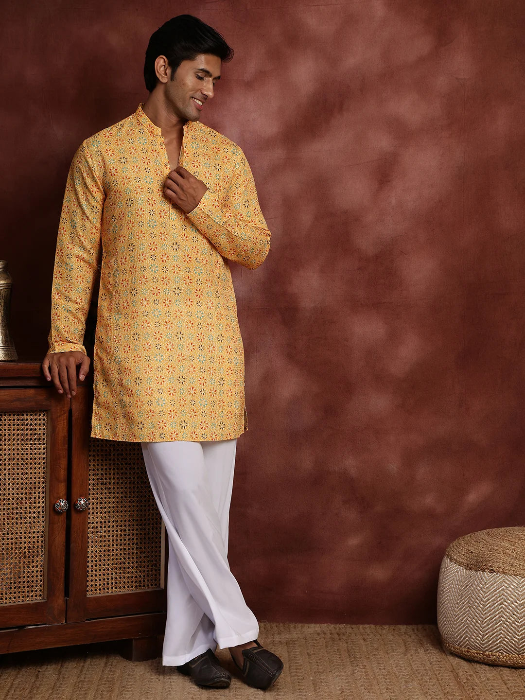 Mustard Sequins Striped Chanderi Silk Straight Kurta for Men - Image 3