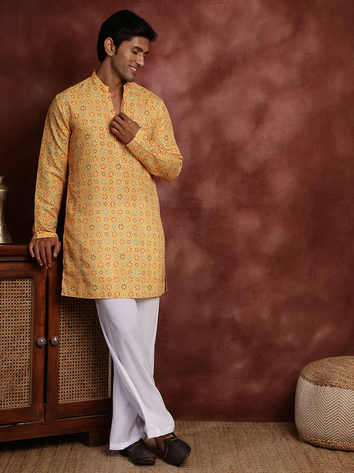 Mustard Sequins Striped Chanderi Silk Straight Kurta for Men - Image 3