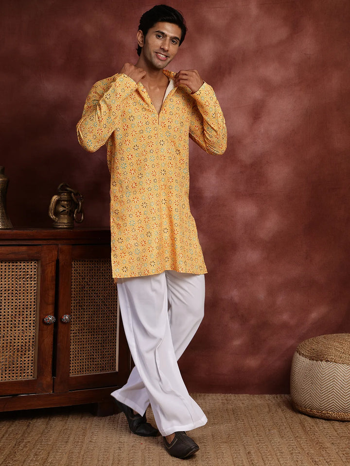 Mustard Sequins Striped Chanderi Silk Straight Kurta for Men - Image 4