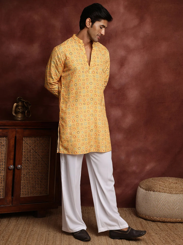 Mustard Sequins Striped Chanderi Silk Straight Kurta for Men - Image 5