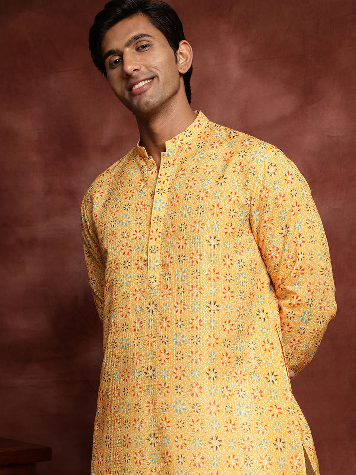 Mustard Sequins Striped Chanderi Silk Straight Kurta for Men - Image 6