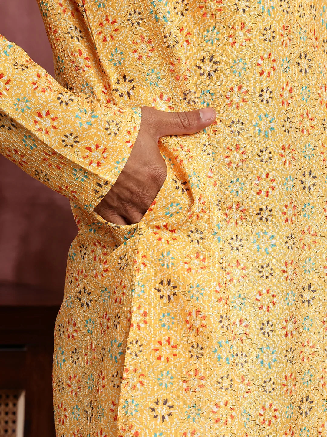 Mustard Sequins Striped Chanderi Silk Straight Kurta for Men - Image 7