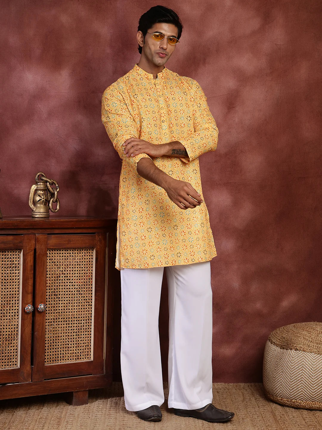 Mustard Sequins Striped Chanderi Silk Straight Kurta for Men - Image 8