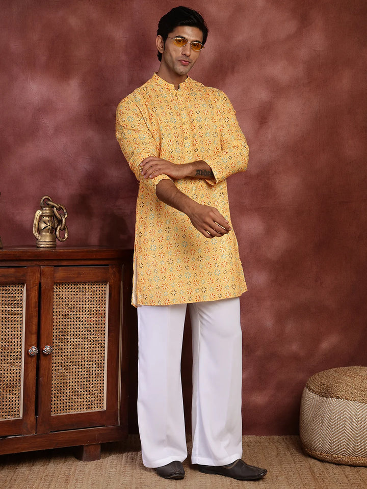 Mustard Sequins Striped Chanderi Silk Straight Kurta for Men - Image 8