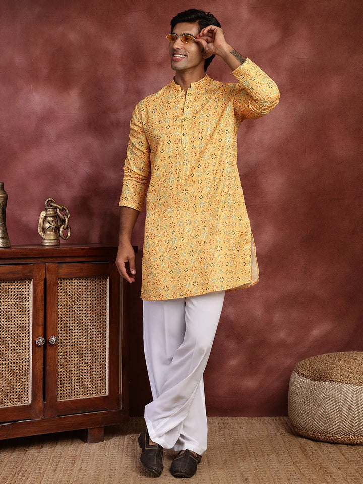 Mustard Sequins Striped Chanderi Silk Straight Kurta for Men - Image 9