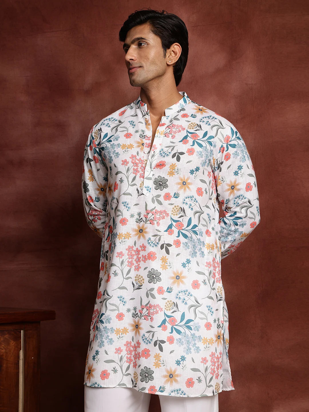 White Printed Cotton Straight Kurta for Men - Image 1