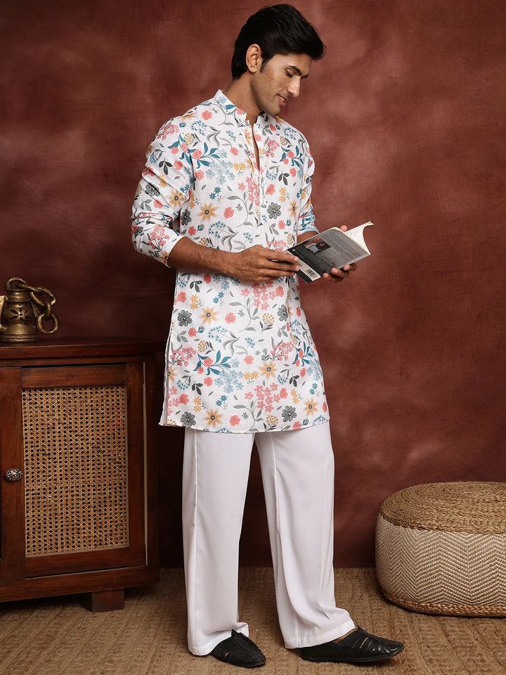 White Printed Cotton Straight Kurta for Men - Image 10