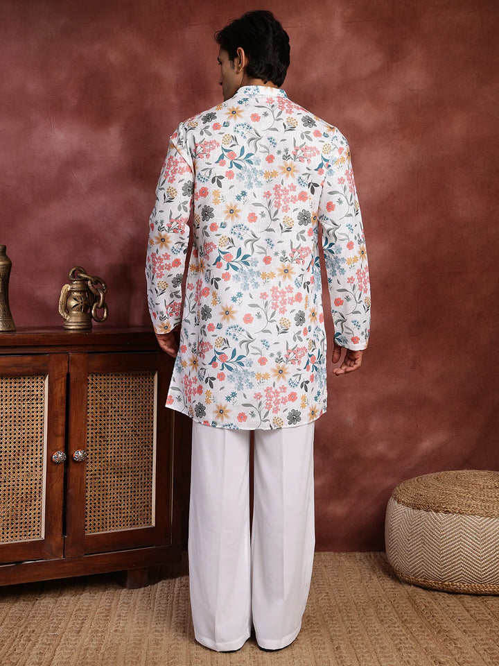 White Printed Cotton Straight Kurta for Men - Image 11
