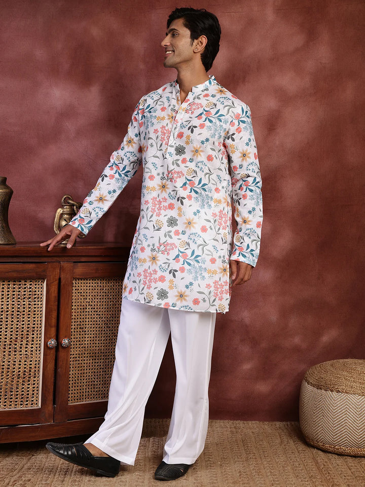 White Printed Cotton Straight Kurta for Men - Image 3