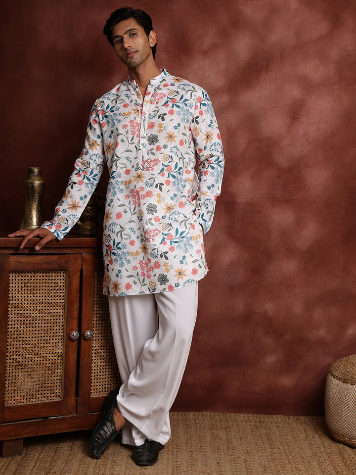White Printed Cotton Straight Kurta for Men - Image 4