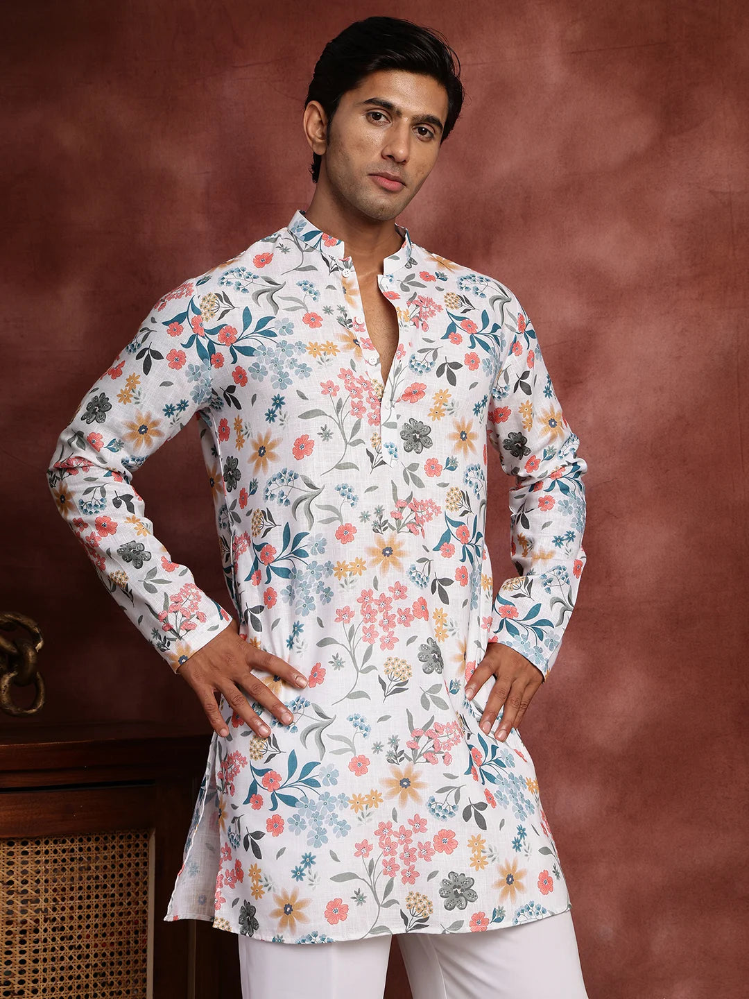 White Printed Cotton Straight Kurta for Men - Image 6