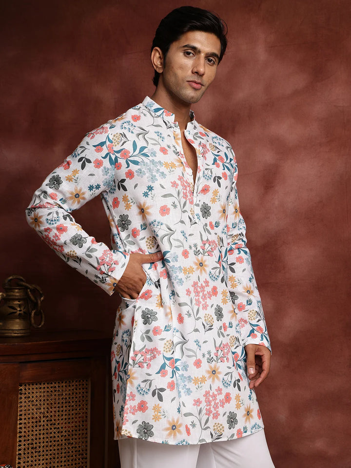 White Printed Cotton Straight Kurta for Men - Image 8